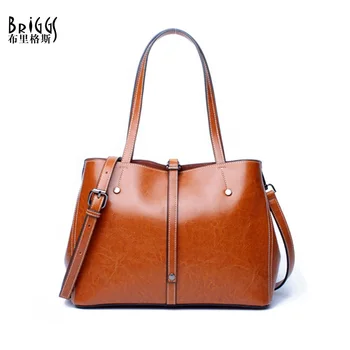 

BRIGGS Brand Bucket Genuine Leather Casual Tote Vintage Women Handbag Soft Leather Shoulder Bag Famous Designer Women Handbag