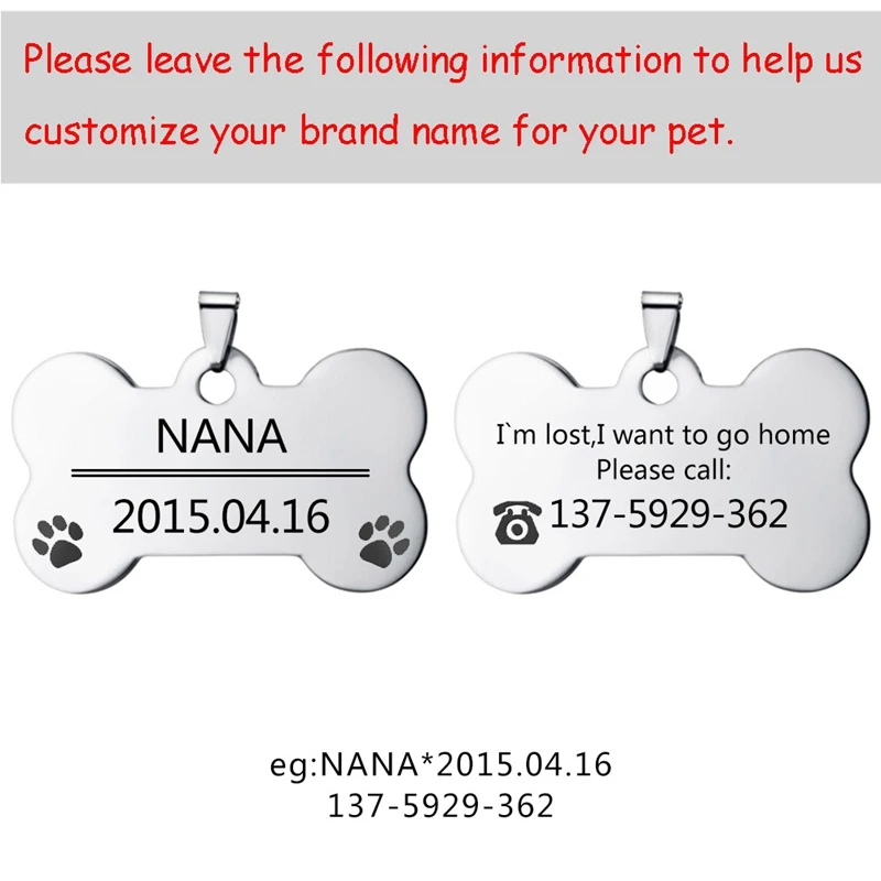 

1Pcs Personalised Bone Shaped Dog ID Tags Engraved Cat Puppy Pet ID Name Collar Tag Bone Both Sides Print