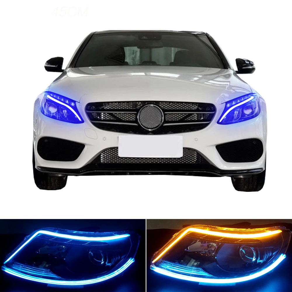 

2pcs 45cm Flexible DRL Strip Angle Eyes Daytime Car Running Lights Turn Signal Lamp Car Headlight Strip Brake Lamp For AMG W212