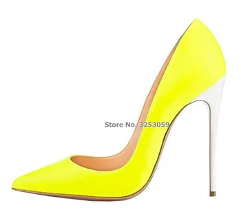 

ALMUDENA Yellos Patent Leather Whie Thin High Heel Dress Shoes Celebrity Party Pumps Shallow Female Footwear Wedding Heels