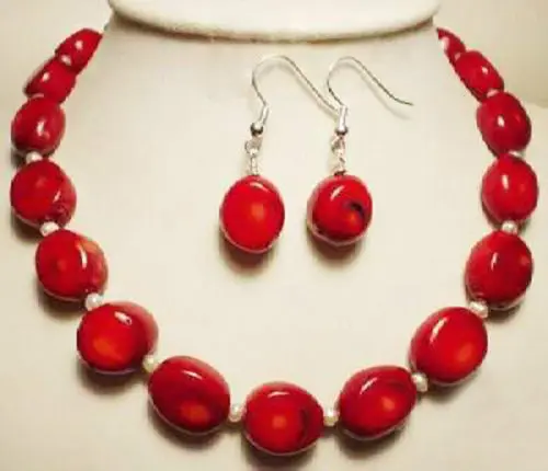 

free shipping>>> Fashion natural Jewelry White Pearl & red coral necklace earrings Set 18 inches NEW