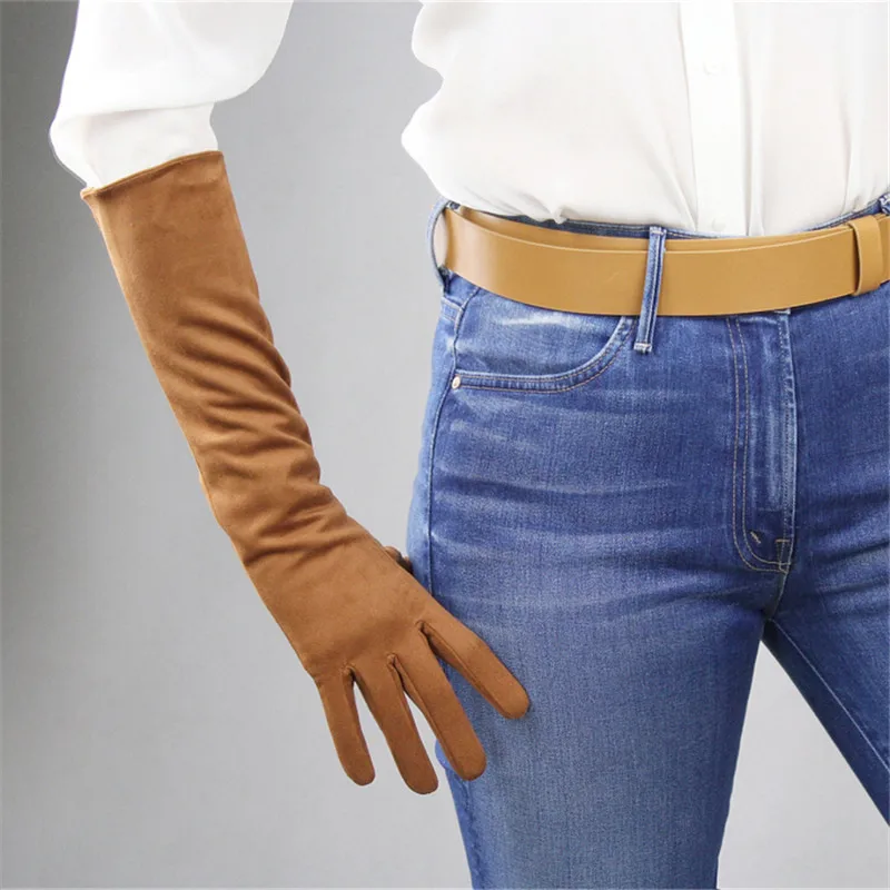 Suede Leather Gloves Woman 40cm Long Imitation Genuine Leatehr Unlined European and American Styles Female Mittens P30
