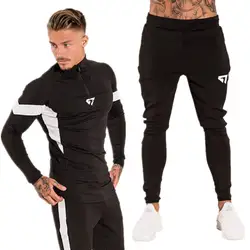 GYMPXINRAN осень Для мужчин s спортивный костюм Костюмы комплект для бега тренажерные залы футболка с длинным рукавом + брюки Для мужчин