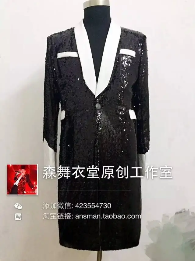 S-5XL мужская мода Тонкий DJ singer концертный черно-белые блестки Яркий длинный костюм костюмы одежда формальное платье