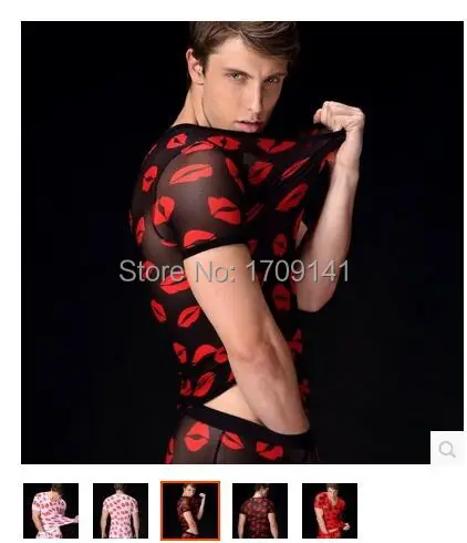 2017 New Arrival Hot-selling Men’s Tops Male  ultra-thin transparent Red lips printing gauze short sleeved blouse sexy underwear