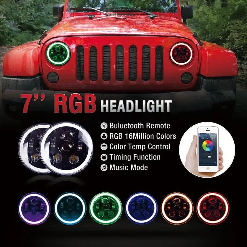 

7 inch LED RGB Headlights 7" Round DRL Headlamp Flashing rgb Angel eye halo ring Bluetooth Controlled for Jeep Wrangler LJ CJ JK