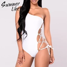 Кружевное бикини купальник на одно плечо один шт. Монокини плюс размер купальник женский купальный костюм сексуальный боди пляжная одежда XL