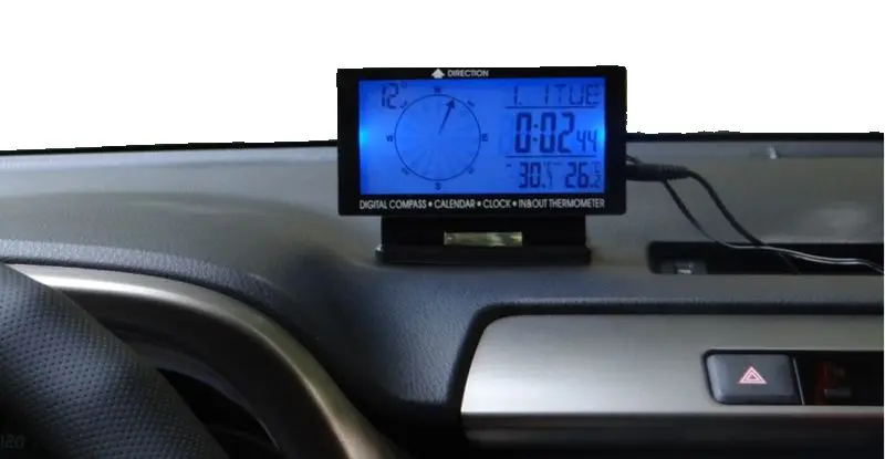 

5in1 Car Thermometer Blue Backlit Car Digital Compass Indoor Outdoor Temperature Meter Time Day Calendar Alarm Clock With Stand