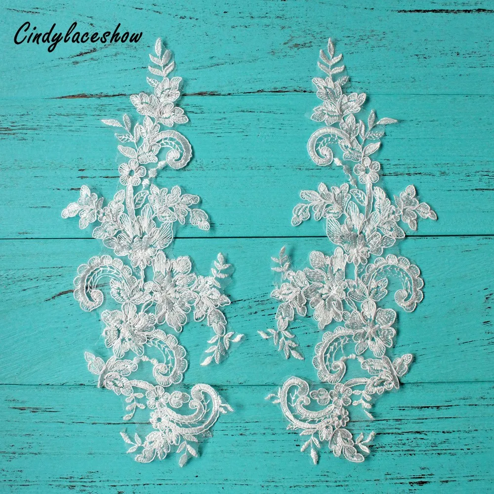 1 Pair Bridal Ivory Corded Lace Applique Flower Embroidered Lace Fabric