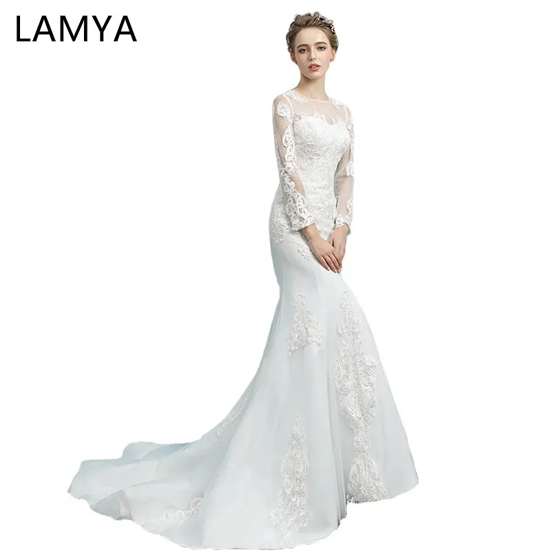 

LAMYA Full Lace Sleeve Mermaid Wedding Dresses Real Photo Vintage Plus Size Bridal Gowns Princess Court Train vestido de noiva