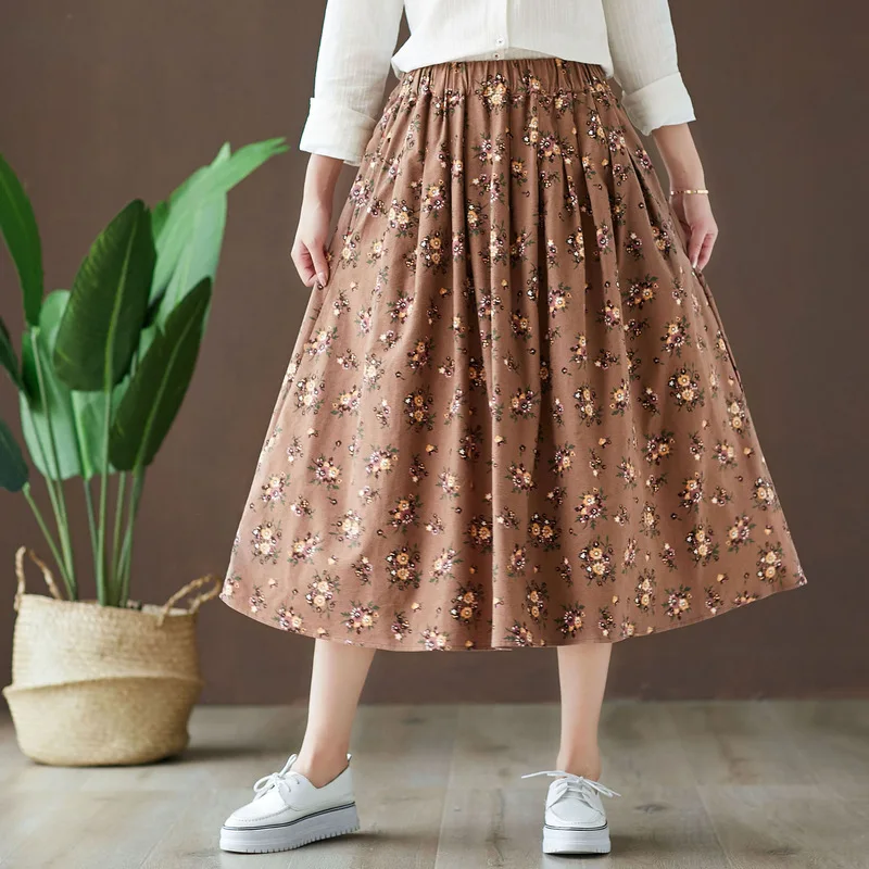 

Spring Autumn Vintage Cotton Skirts Women Chic Elegant High Waist Elastic Floral Print A-line Skirt Female Big Swing Midi Saias