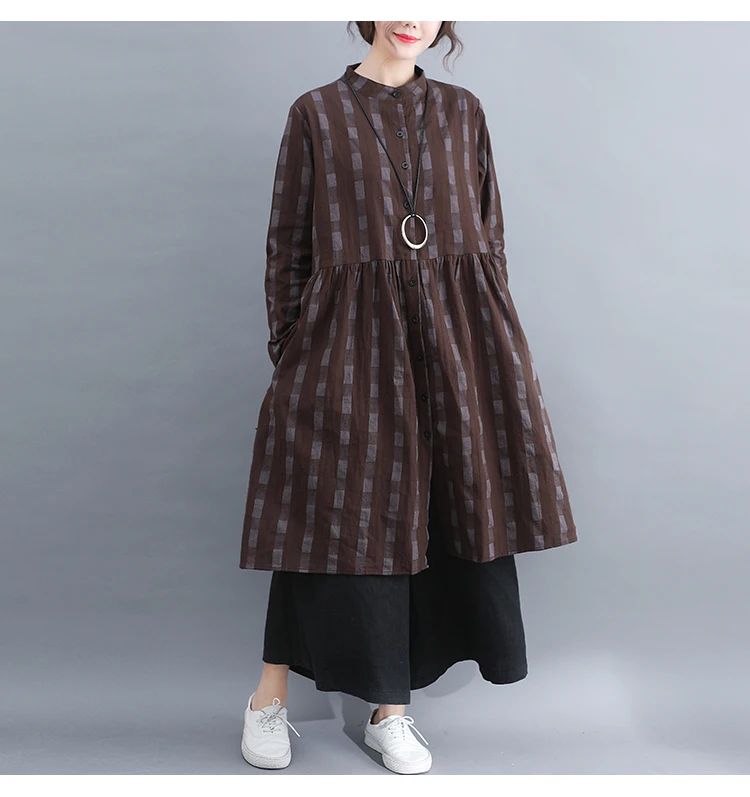 Dresses Women Dress Plus Size Long Sleeve Spring Summer Knee Length Casual Plaid Blouse Shirt Cotton Linen Dress Women 2019 4