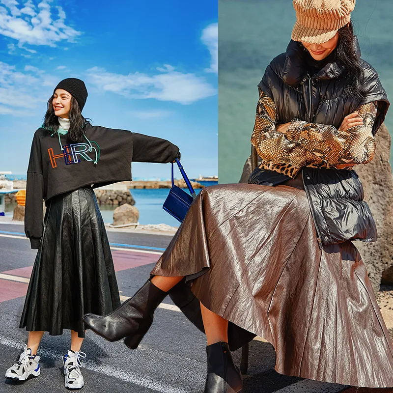 

2019 Winter Fashion Black Skirt Women Pleated Skirt PU Coffee Color Pleated Skirt Empire Mid-Calf Pleated Solid Casual Skirt