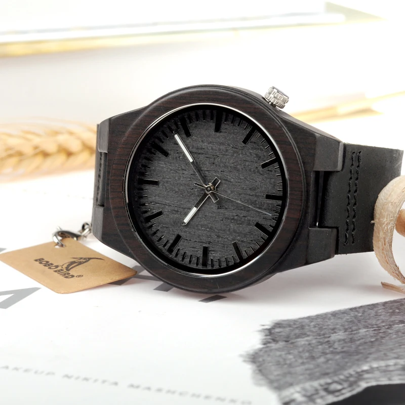 BOBO BIRD Watches Men Genuine Leather Band Black Wood Watch Japan Move' Quartz Wood Wristwatches relogio masculino C-B12