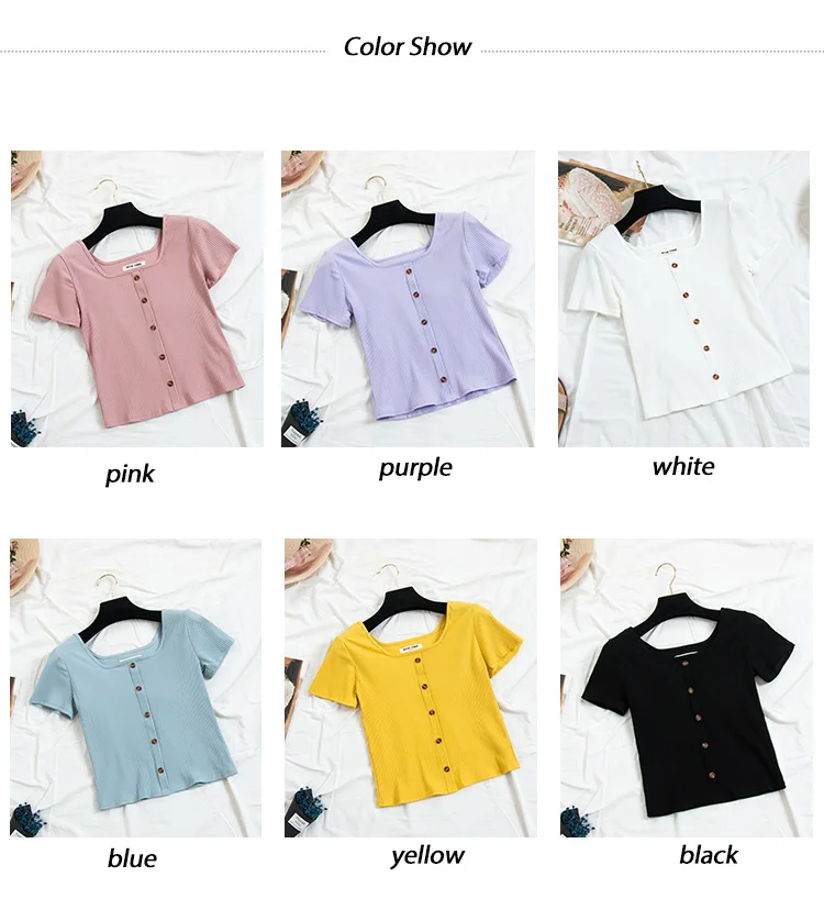 HELIAR Women T-shirts Square Collar Knitting T-shirts With Buttons Cotton LadiesSolid Short Sleeve T-shirts 2020 Summer Women
