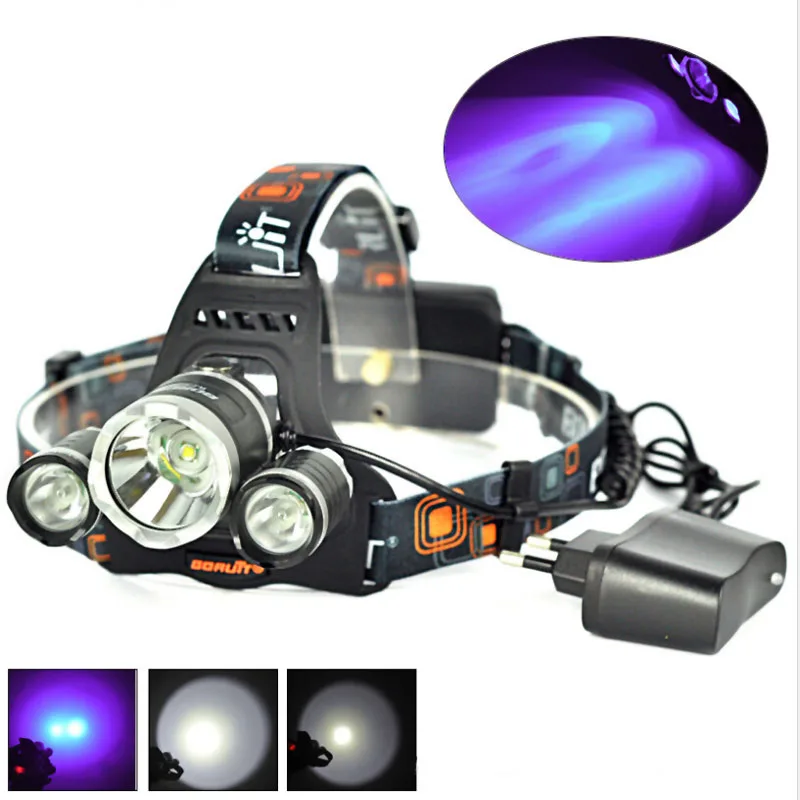 

BORUIT RJ-3000 1xCREE XML T6+2xCREE XPE R2 Violet Light 3-Mode USB Rechargeable LED Headlamp+2x18650+1xCharger+1xUSB Cable