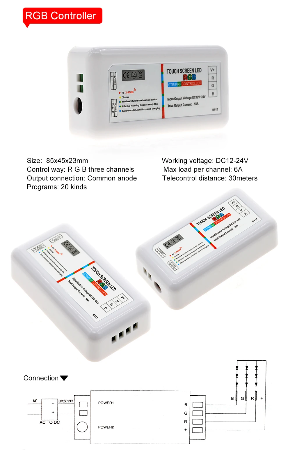 Tela de Toque Controlador com Controle Remoto para Rgb Conduziu a Luz de Tira 2.4g sem Fio Rgbw Controlador Dc12-24v rf Rgbww 5050 Rgb - Led 6 DC12-24V 2.4g sem fio rf controlador com