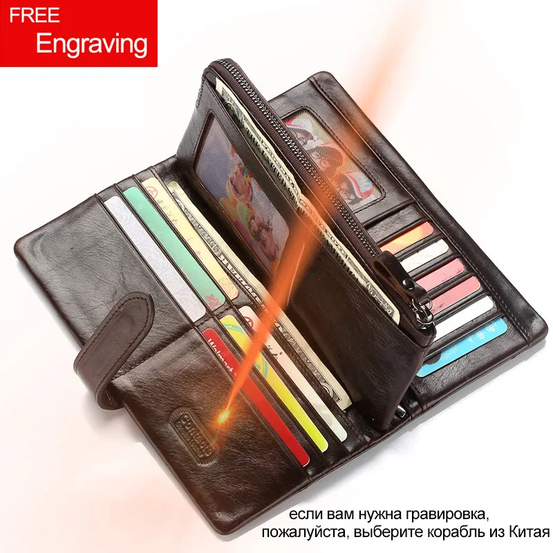 Online Carteras de piel de vaca Caballo Loco genuino de contacto para hombres monedero de moda con tarjetero Vintage cartera larga bolso de mano