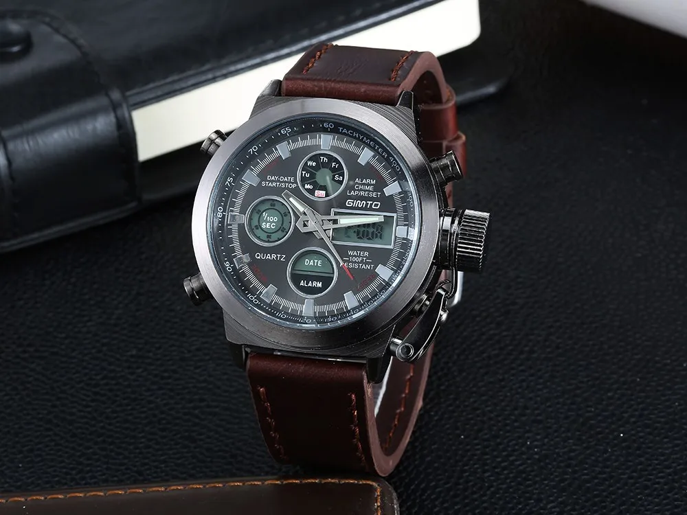 Модные мужские часы Лидирующий бренд GIMTO спортивные часы светодиодный дисплей наручные часы повседневные часы с кожаным ремешком водонепроницаемые часы Montre Homme GM201
