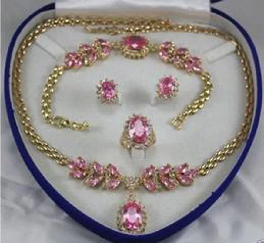 

18GP natural pink zircon necklace 18 "bracelet 7.5" Earring Ring A2656