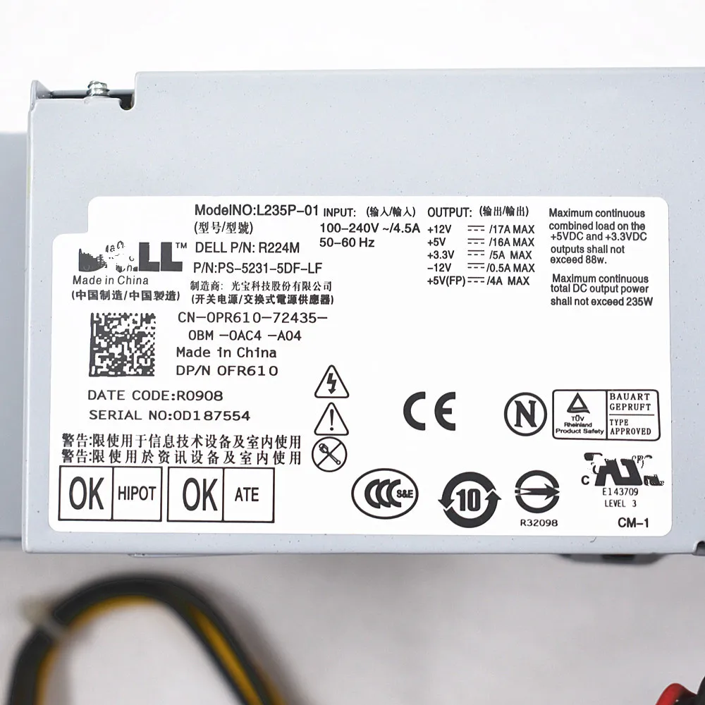 DELL OPTIPLEX 760 780 960 SFF 235W POWER SUPPLY 67T67 RM112 PS-5231-5DF1 R224M