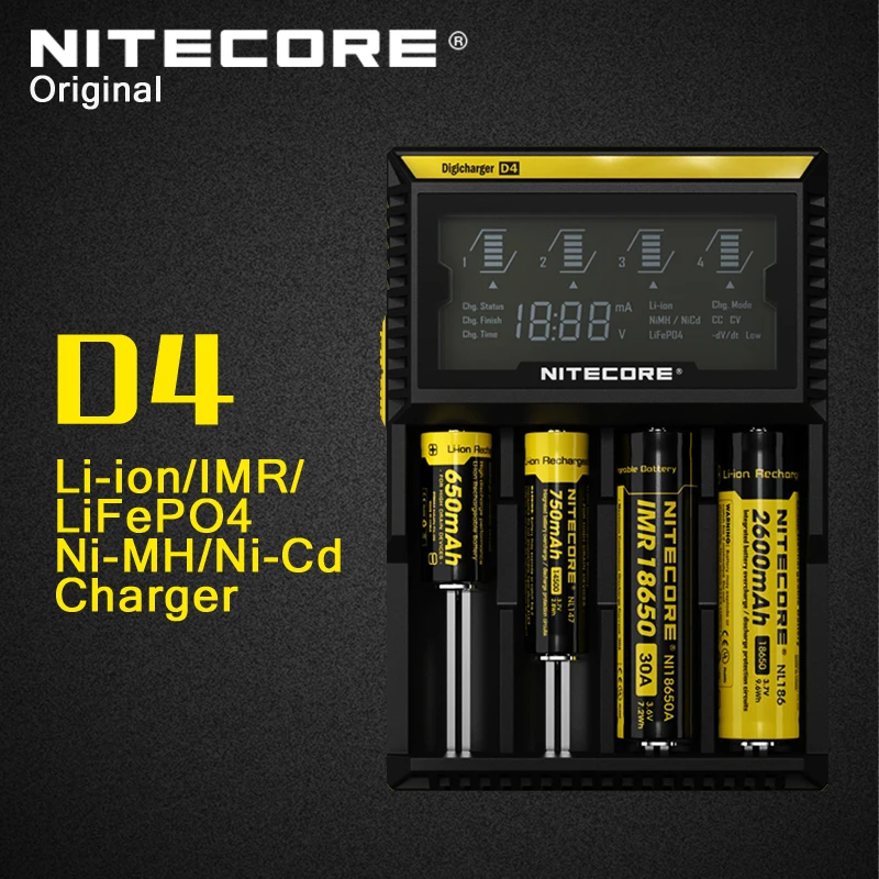 

Original Nitecore D4 Intelligent Digi Smart Charger with LCD Display for 14500,16340 (RCR123),18650,22650,26650,AA,AAA Battery