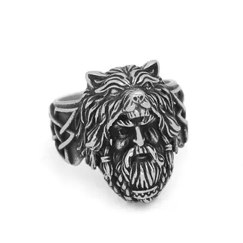 

Nordic Viking amulet odin face wolf Geri and Freki Amulet Stainless Steel Ring with Valknut Rune Gift Bag