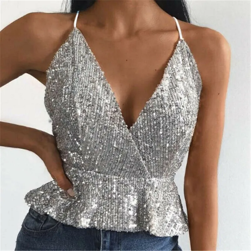 Модная сексуальная женская одежда сарафан sequin zipper Vest без рукавов v-образный вырез Свободные майка из полиэстера one pieces