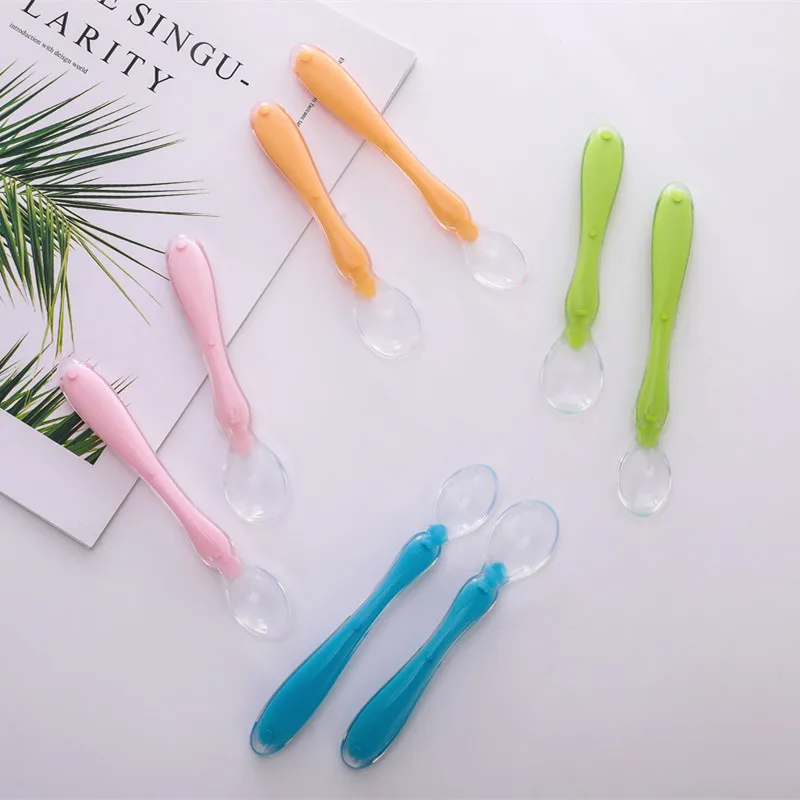 2pcs+box Baby Silicone Spoon Baby Safety Temperature Heat Sensing Thermal Feeding Spoon Kids Children Feeding Dishes Set