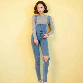 

2018 women's Knee hole Skinny Pencil pants denim bib pants female spaghetti strap jumpsuit jeans pants 9349a