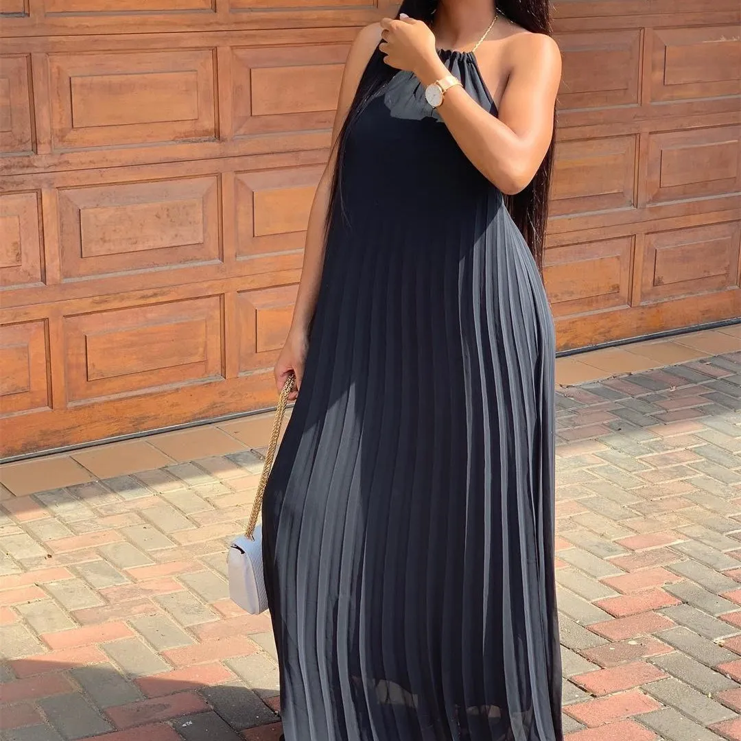 

Women Chiffon Halter Sleeveless Sexy Dress Solid Backless Solid Pleated Maxi Dress Summer Party Beach Dresses