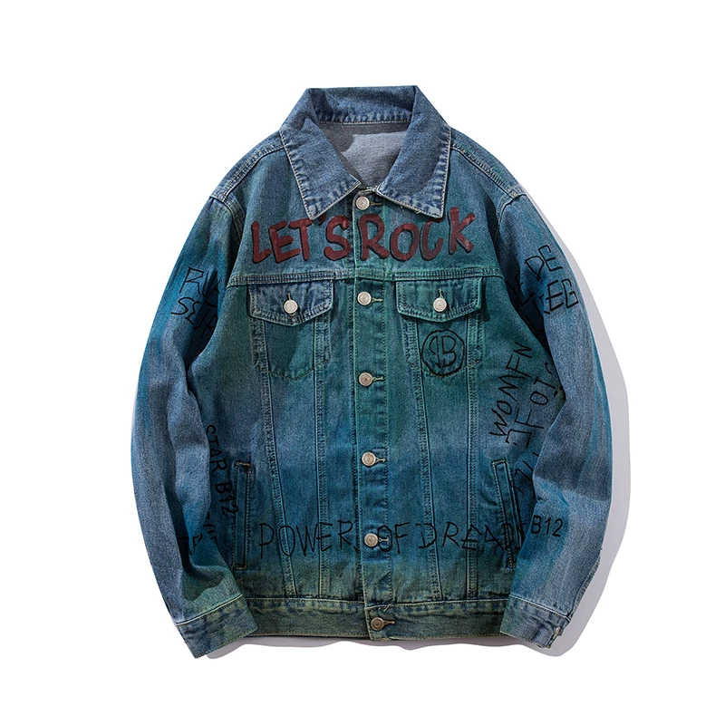 Men's Hip Hop Denim Jackets Streetwear Graffiti Jeans Jacket Men Letter Print Loose Urban Jackets and Coats Turn-down Collar Men's Hip Hop Denim Jackets Streetwear Graffiti Jeans Jacket Men Letter Print Loose Urban Jackets and Coats Turn-down Collar