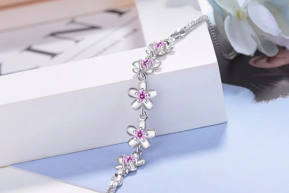 럭셔리  팔찌 보라색 지르코니아 매화 꽃 팔찌 & Bangles 여성용 Pulseira De Prata S-b51