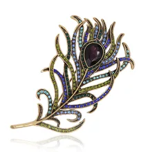 Romantic Feather Brooch Pin Antique Gold Crystal Rhinestone Metal Vintage Jewelry Accessory