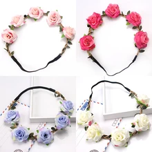 

M MISM Wedding Rose Red Garland Flower Vine Wreath Gradient Color Headwear Elastic Rubber Hair Bands Accessories For Bride Girls