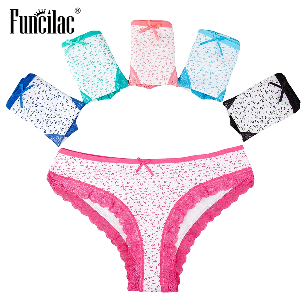 

FUNCILAC Panties for Women Sexy Lace Female Underwear Ladies Lingerie Girl Briefs Print Low waist Plus Size Breathable 5 Pcs/set
