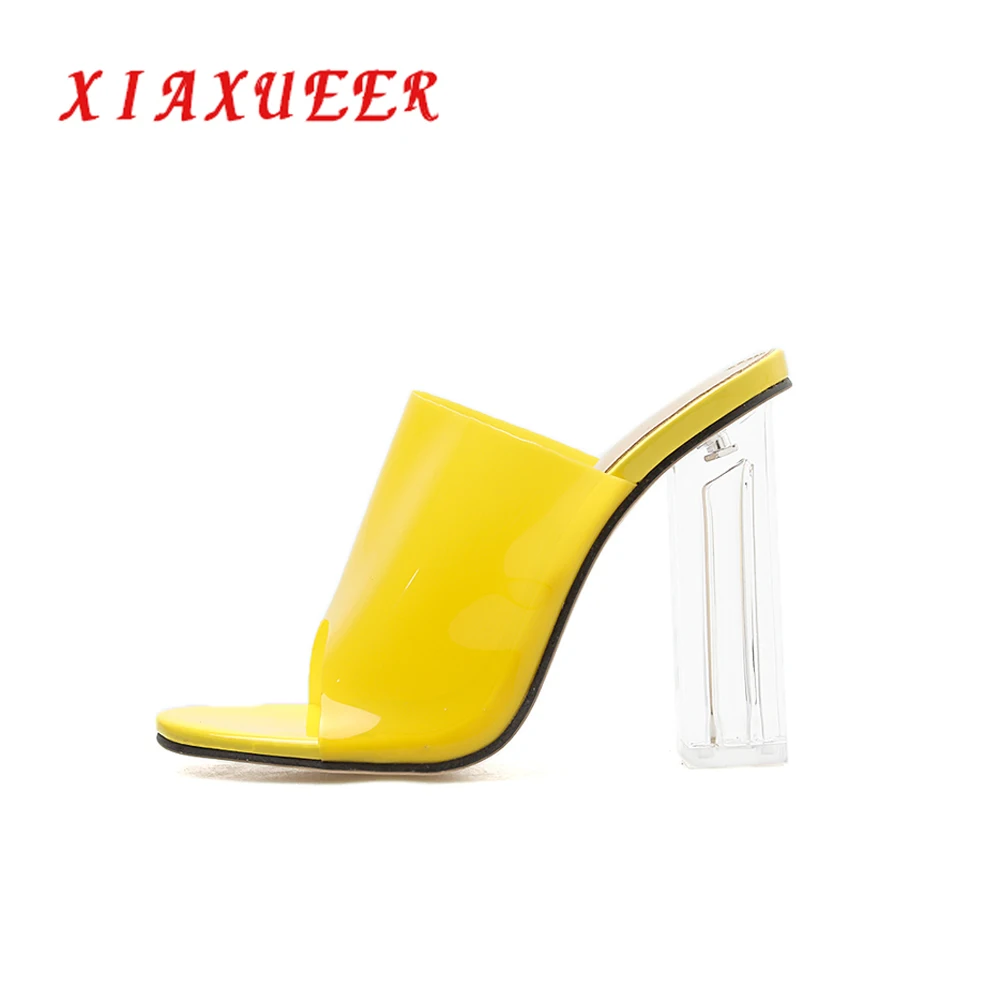 

2019 Yellow PVC Transparent Pumps Sandals Perspex Crystal Heel Stilettos High Heels Peep Toes Womens Party Pump Shoes Size 42