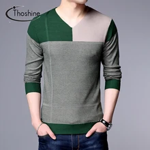 Бренд thoshine весна осень мужские вязаные тонкие свитера v-образный вырез цвет контрастный пэчворк кашемировые пуловеры трикотаж длинные топы