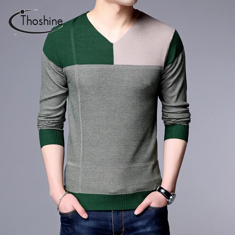 

Thoshine Brand Spring Autumn Men Knitted Thin Sweaters V-Neck Color Contrast Patchwork Cashmere Pullovers Knitwear Long Tops
