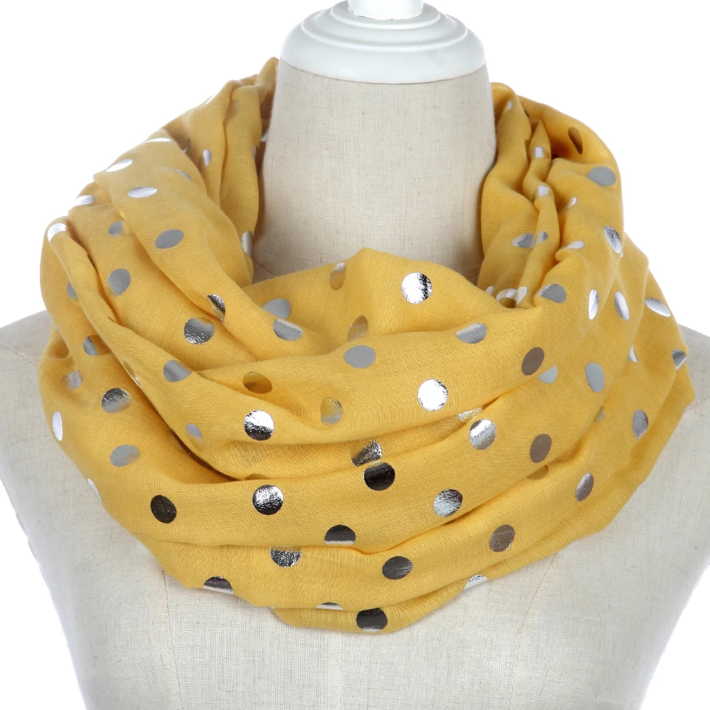 

Winfox 2019 Fashion Yellow Polka Dot Chiffon Scarf Girl Women Shiny Foil Silver Loop Round Scarf Shawl For Ladies