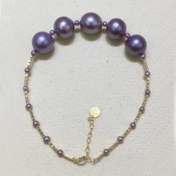 

Sinya Au750 18k gold bangles with high luster 10-11mm Edison purple pearls bracelet for women girls Mom best gift 2018