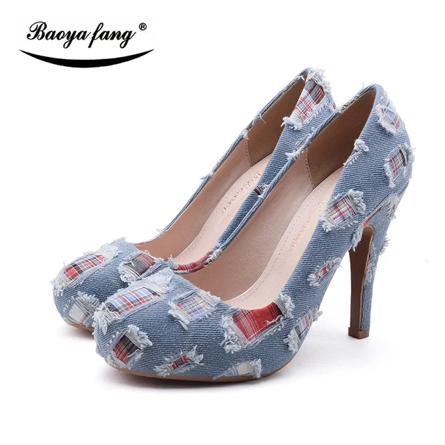 New Arrival Round Toe Denim Las Shoes Fashion High Heels Pumps New Arrival Round Toe Denim Las Shoes Fashion High Heels Pumps Women Office Red Sole