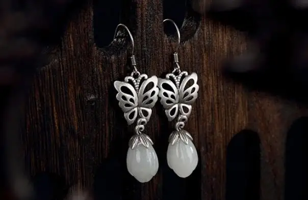 

Sterling S925 925 silver Drop Earrings butterfly orchid natural stone vintage for woman earring