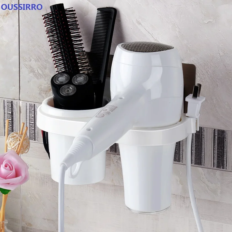 

OUSSIRRO Original Design Wall-Mounted Suction Cup Hair Dryer Holder Comb Rack Stand Set White Plastic Bathroom Storage Organizer