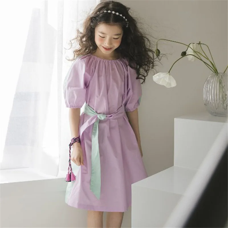 Мода платье принцессы для девочек; хлопковый пояс; платье для девочек-подростков Летняя обувь в мозаичном стиле с короткими рукавами платья детская одежда 4-15Years - Цвет: Model color
