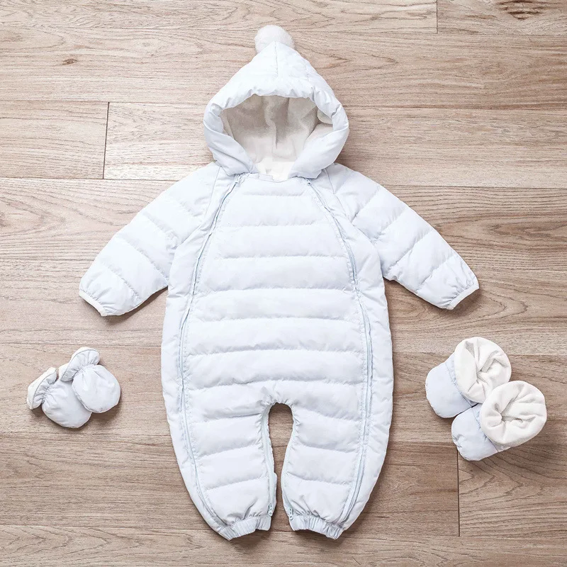 Зимний комбинезон для маленьких мальчиков и девочек, однотонный комбинезон с капюшоном для новорожденных, зимний комбинезон для малышей, зимнее пуховое пальто с носками