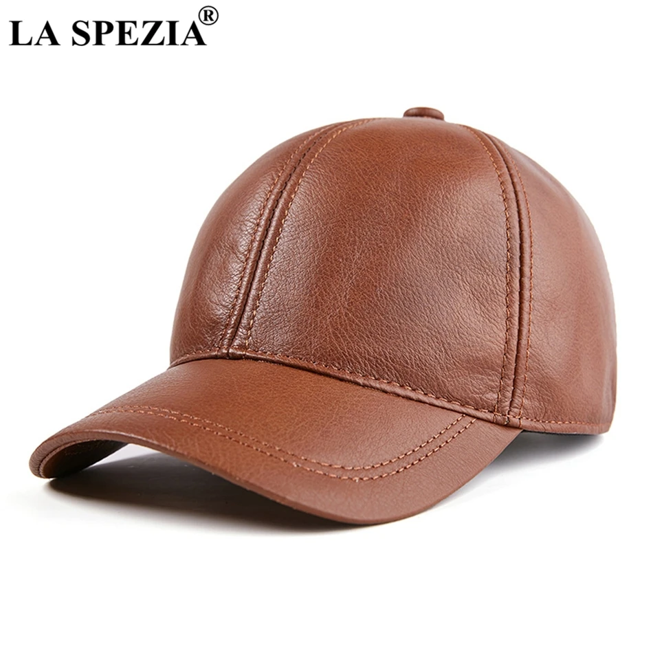 

LA SPEZIA Mens Baseball Cap Genuine Leather Snapback Caps Brown Adjustable Dad Hat Duckbill Male Autumn Baseball Hat Black 2019