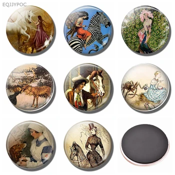 

Beauty and animals Zebra Deer Peahen Horse Fridge Magnet 30MM Round Glass Magnetic Stickers Refrigerator Decorative