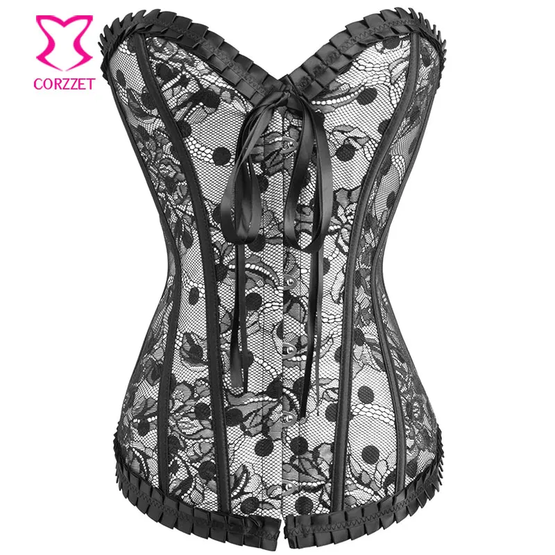 

Beige Satin Victorian Black Lace Polka Dot Sexy Corset Lingerie Corselet Overbust Espartilhos E Corpetes Korset Gothic Clothing