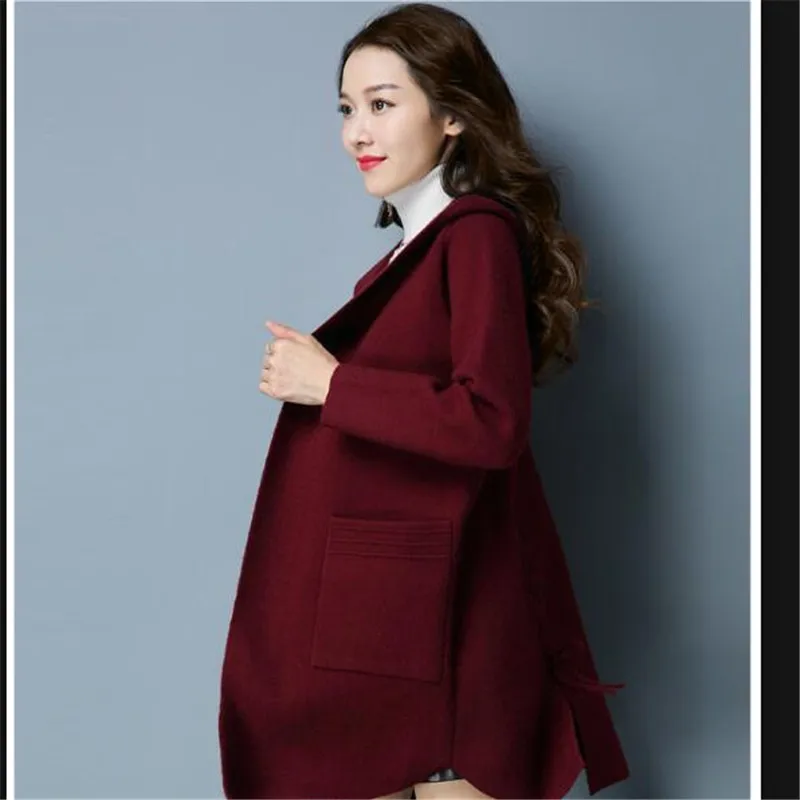 Новая мода Досуг Женская вязанная куртка весна осень тонкое пальто женское с капюшоном длинного размера плюс высококлассное шерстяное пальто A0069 - Цвет: Wine red